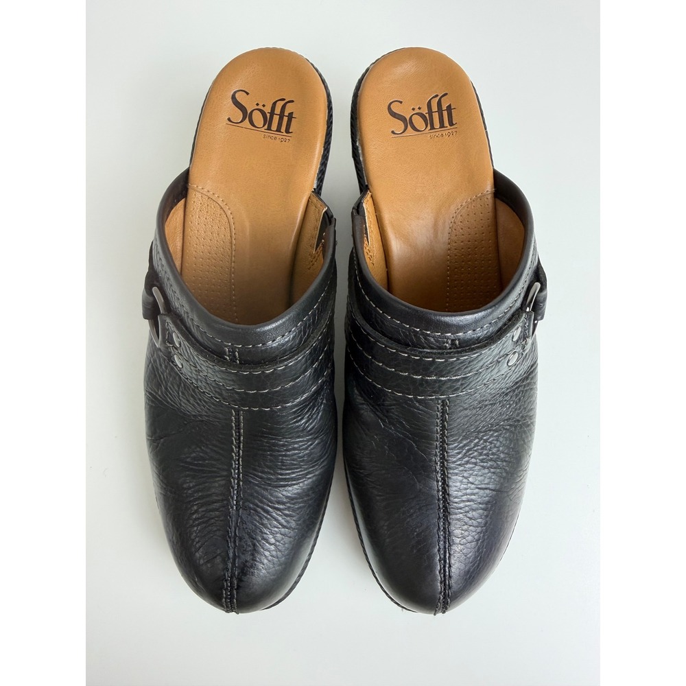 Sofft Women Leather Clog Slide 8M Black Brass Buckle Wedge Comfort Slip On Mule